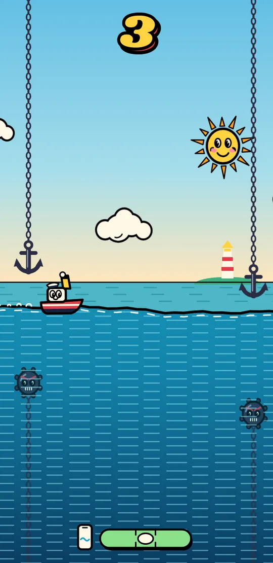 The tiny boat floats between two gates. Each gate has an anchor above the water and a sea mine below it. The score, 3, shows at the top.