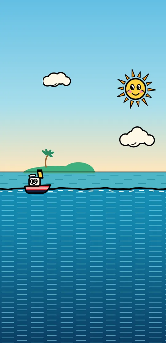 The tiny boat has a red, white and navy hull, a yellow funnel and a captain’s cap. It floats on calm blue water. A smiling sun shines over a small green island with one palm tree.